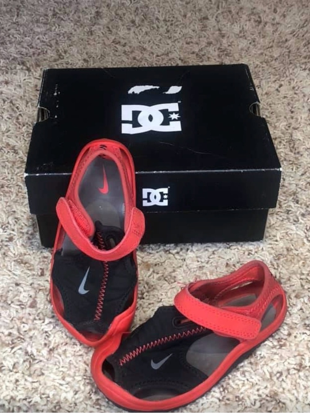 Nike Kids Red and Black Sport Sandals with Hook-and-Loop Strap